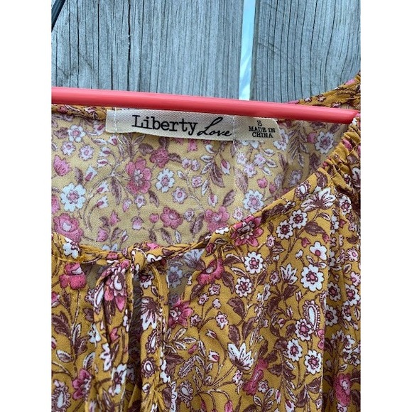 Liberty Love Mustard Yellow Floral Smocked Ruffle Crop Top Small Boho Keyhole - Picture 6 of 6